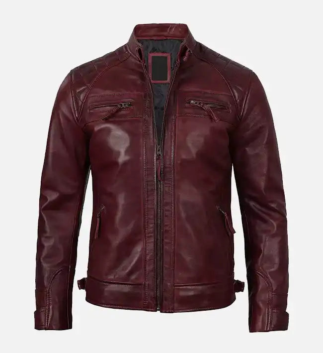 mens maroon real leather biker jacket