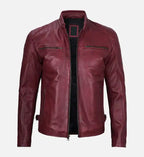 mens maroon waxed leather cafe racer jacket