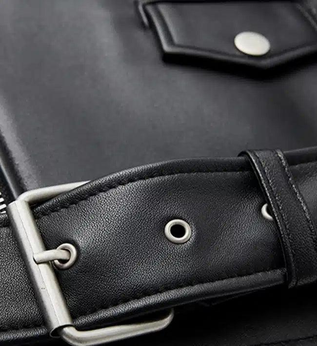 mens black minimal leather biker jacket
