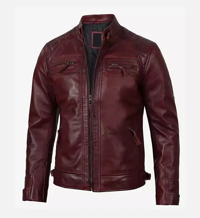 mens real leather maroon biker jacket