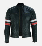 mens red and white striped cafe racer leather jacket