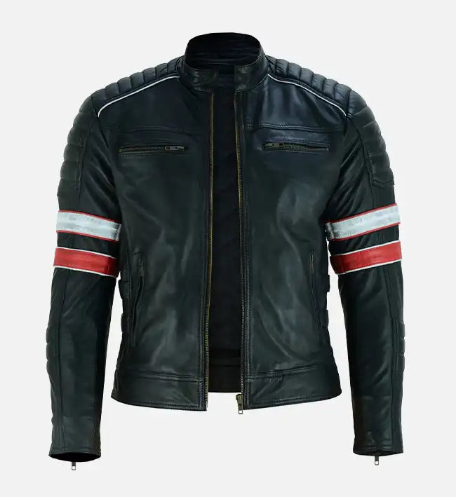 mens red and white striped cafe racer leather jacket