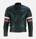 mens red and white striped cafe racer leather jacket