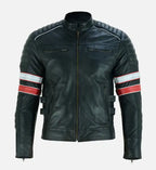 mens red and white striped cafe racer leather jacket