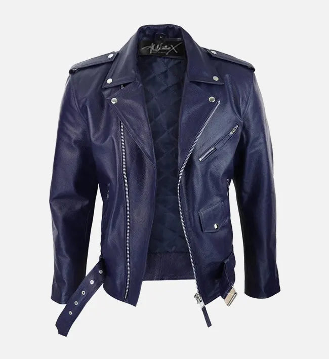 blue runway biker leather jacket for men