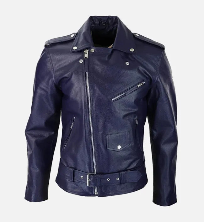 mens runway blue biker leather jacket