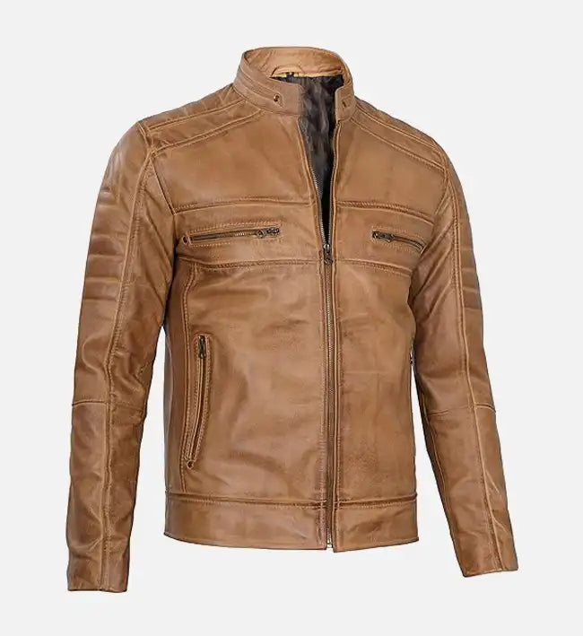 mens rust brown tan leather biker jacket
