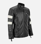 mens slim fit black white leather jacket