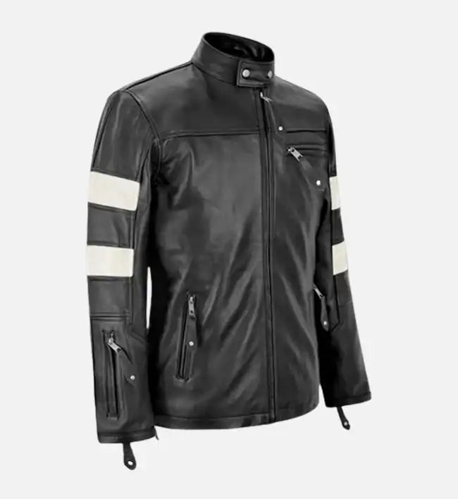 mens slim fit black white leather jacket