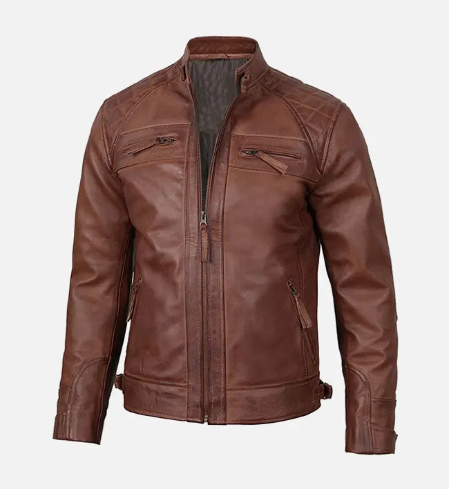mens slim fit brown leather jacket
