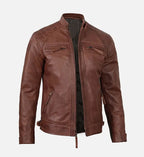 mens slim fit brown leather jacket