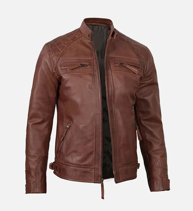 mens slim fit brown leather jacket