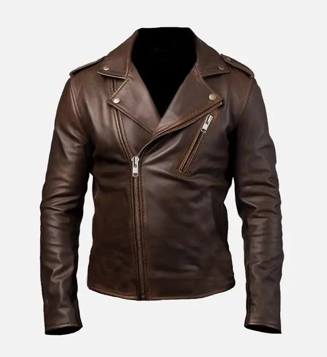 mens slimfit rider brown leather jacket