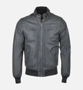 mens snap double button collar grey leather bomber jacket

