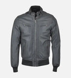 mens snap double button collar grey leather bomber jacket
