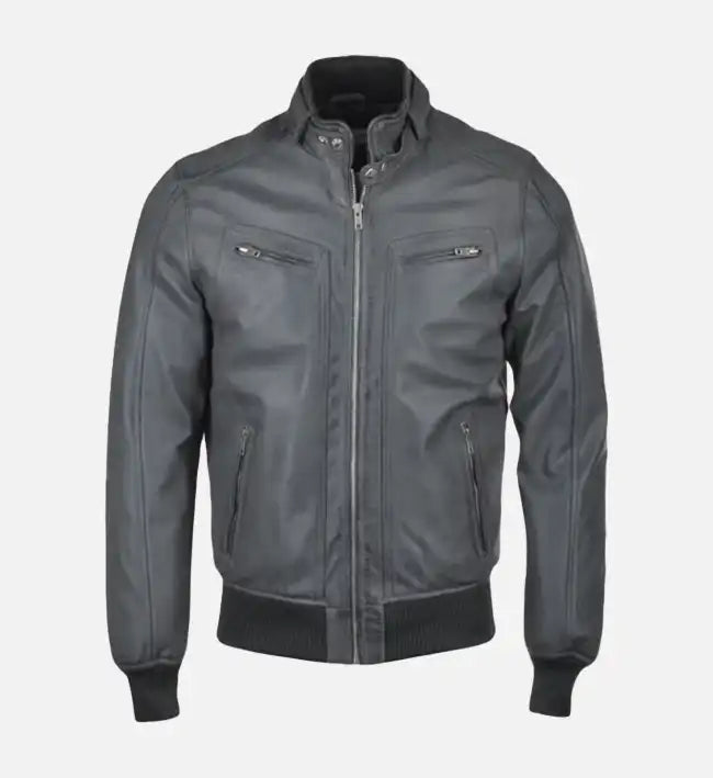mens snap double button collar grey leather bomber jacket

