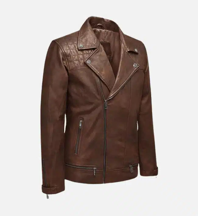 mens tan double breast biker leather jacket