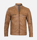 mens tan rust brown leather biker jacket
