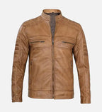 mens tan rust brown leather biker jacket
