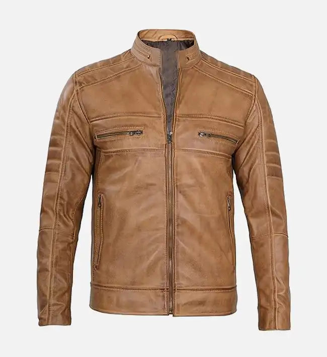mens tan rust brown leather biker jacket
