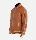 tan brown leather varsity jacket for men