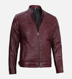 mens vegan leather maroon cafe jacket