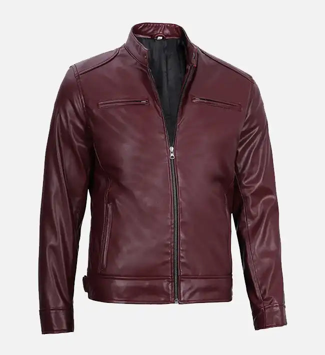 mens vegan leather maroon cafe jacket