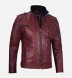 mens waxed maroon biker leather jacket