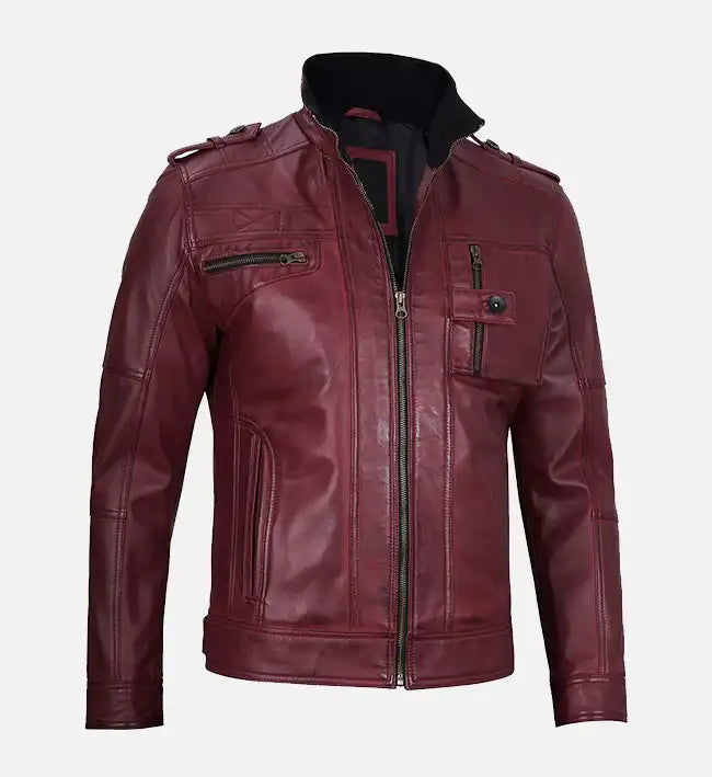 mens waxed maroon biker leather jacket