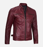 mens waxed maroon cafe racer leather jacket