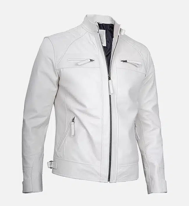 mens white classic biker leather jacket