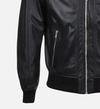 mens black leather bomber jacket with snap double button collar
