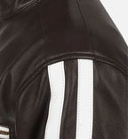 mens brown biker jacket white stripe leather