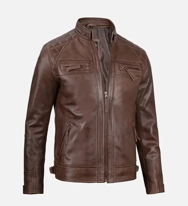 mens brown cafe racer quilted shoulder leather jacket

