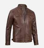 mens brown cafe racer quilted shoulder leather jacket

