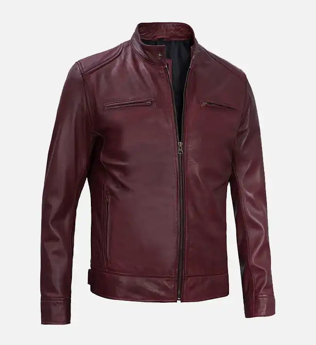 mens maroon cafe racer premium leather jacket