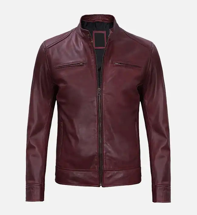 mens premium leather maroon cafe racer jacket