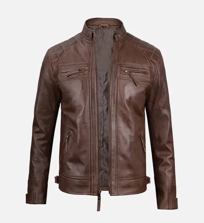mens quilted shoulder brown cafe racer leather jacket
