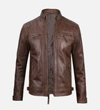 mens quilted shoulder brown cafe racer leather jacket
