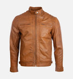 mens quilted shoulder tan cafe racer leather jacket
