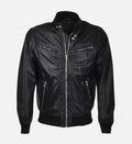 mens snap double button collar black leather bomber jacket
