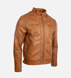 mens tan brown cafe racer quilted shoulder leather jacket

