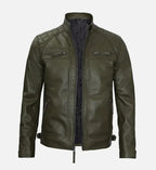 olive green leather mens cafe racer jacket