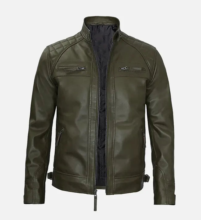olive green leather mens cafe racer jacket