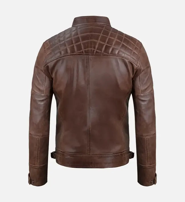 quilted shoulder brown cafe racer leather jacket for men
