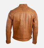 quilted shoulder tan brown cafe racer leather jacket for men
