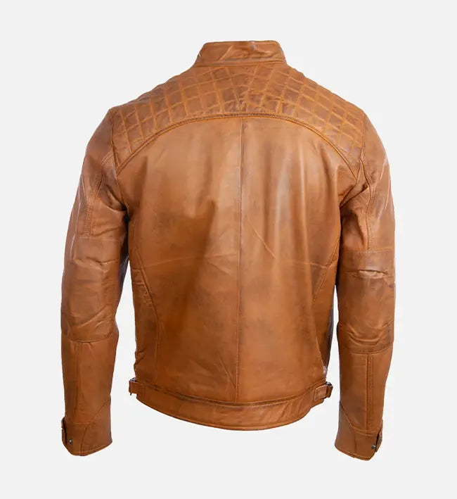 quilted shoulder tan brown cafe racer leather jacket for men
