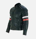 red and white striped cafe racer leather jacket for men