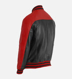 red black leather varsity jacket for men