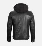 removable hooded black leather jacket